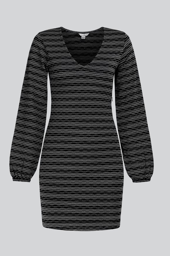 Black Metallic Silver V-Neck Long Sleeve Mini Dress