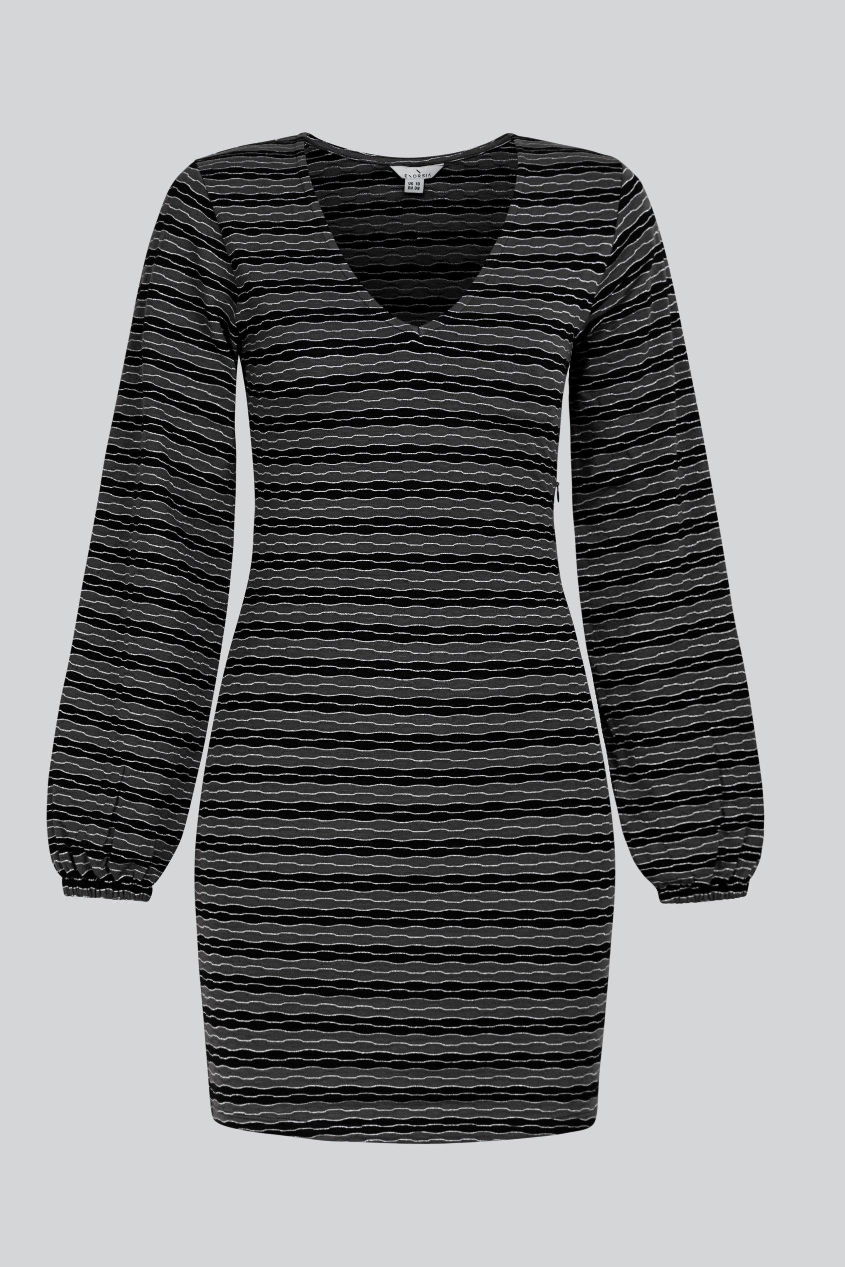 Black Metallic Silver V-Neck Long Sleeve Mini Dress