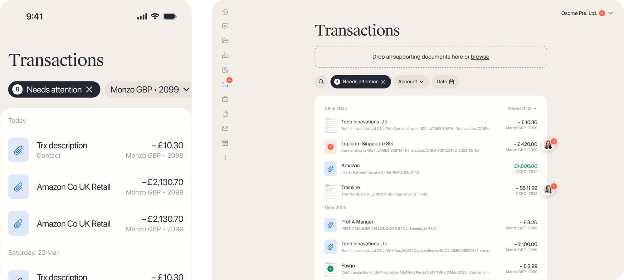 The Osome Transactions page on mobile and desktop
