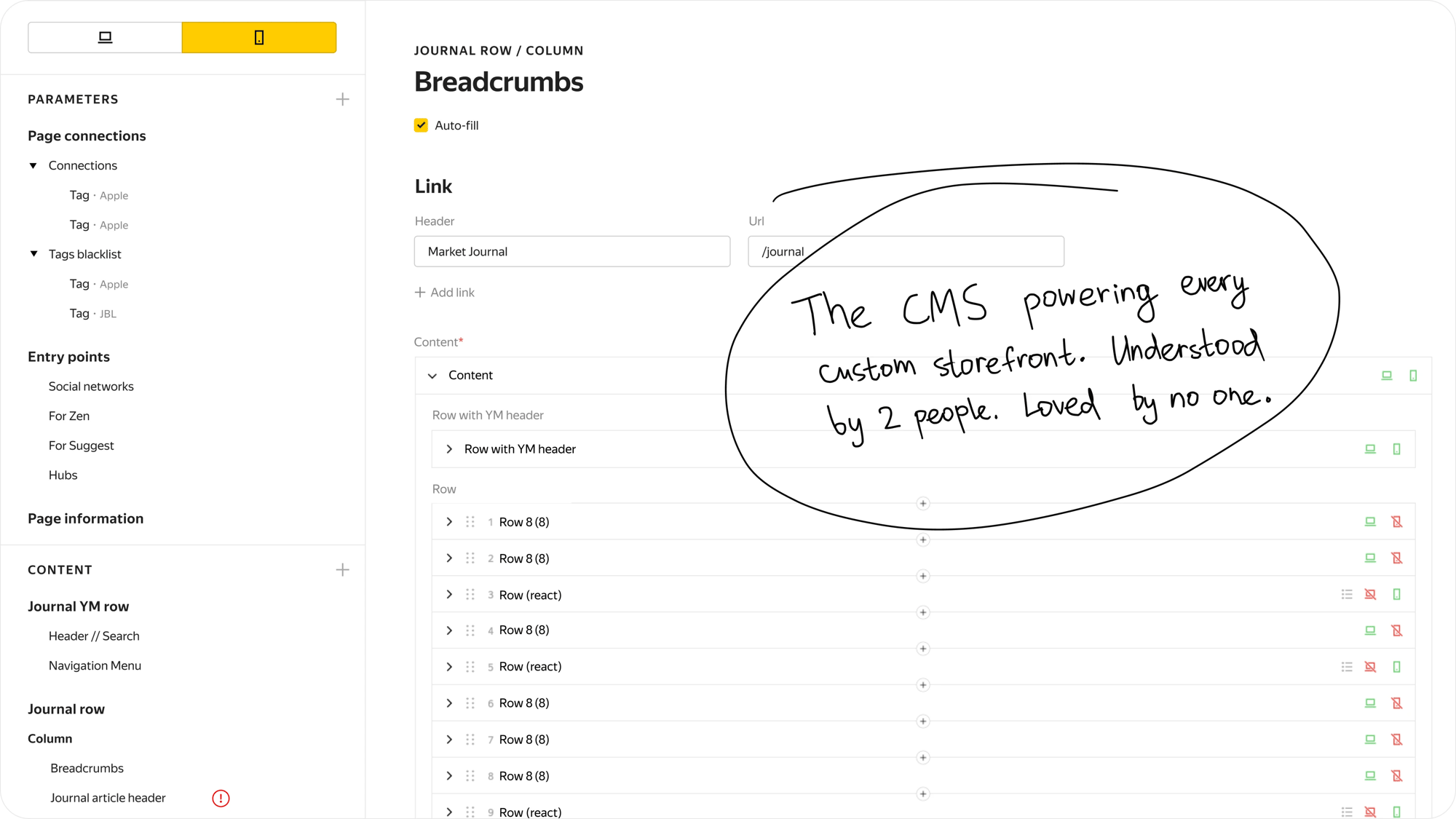 The internal CMS used to build enterprise shop pages