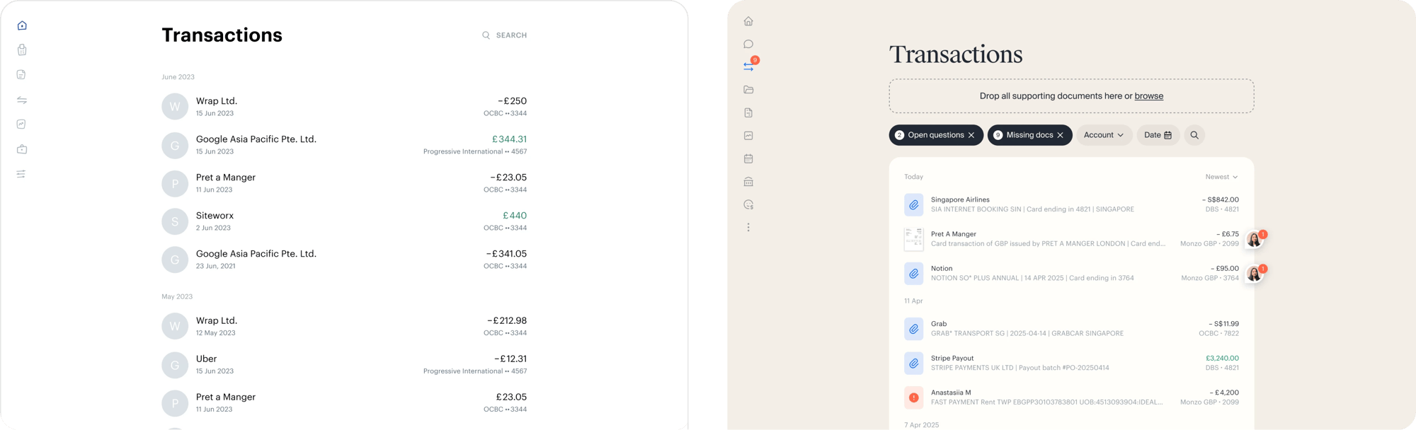 The Transactions page before and after, a year apart
