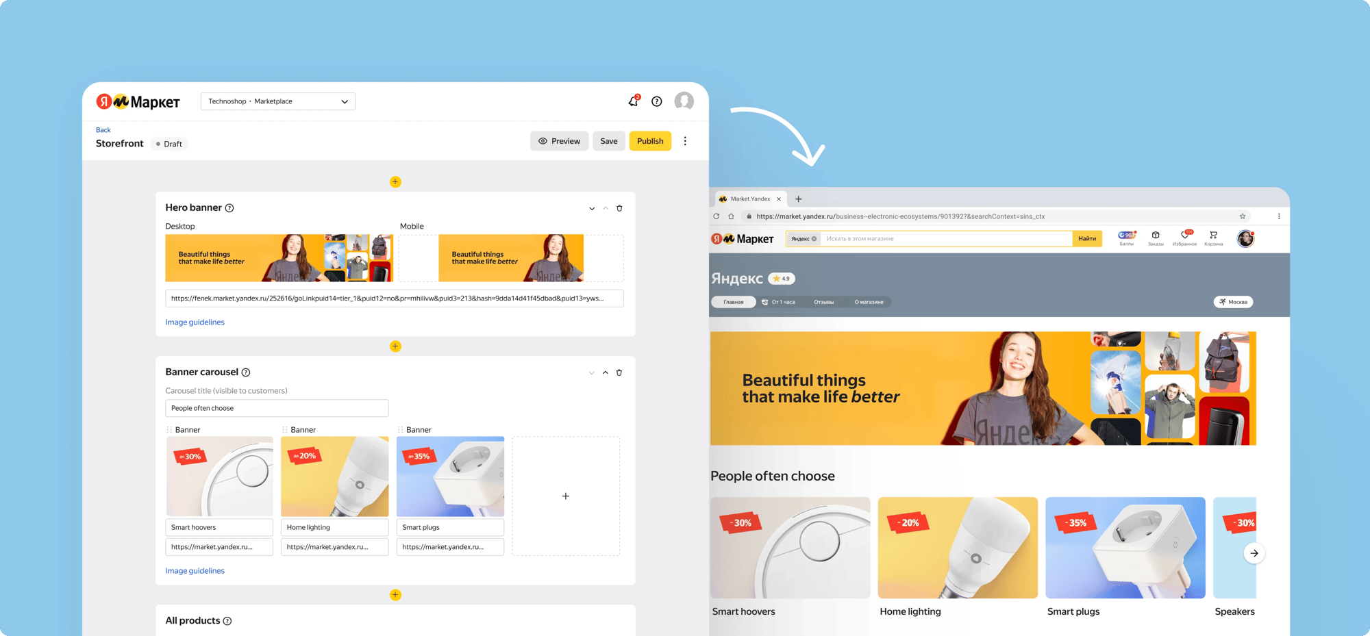A seller storefront built in the editor and published to buyers