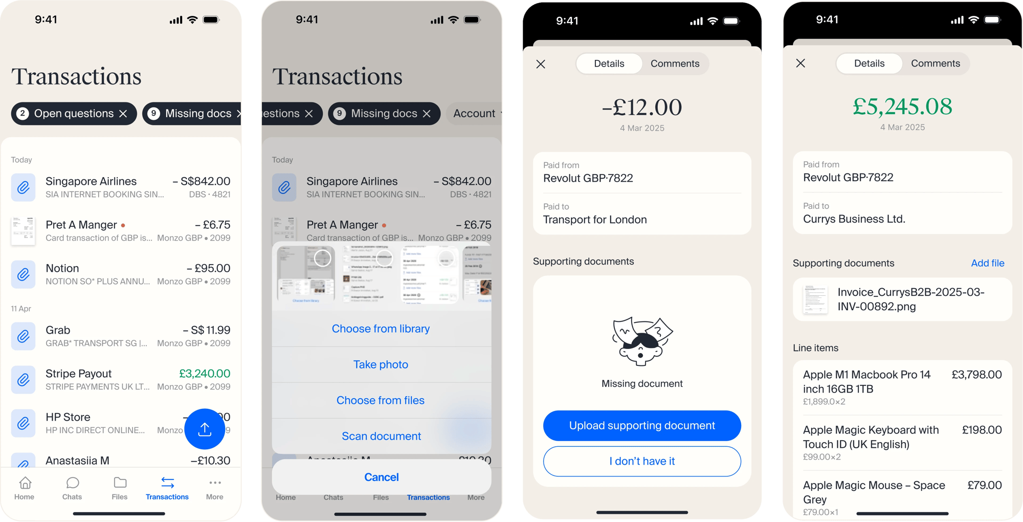 Transactions, document upload and supporting-document flows on mobile