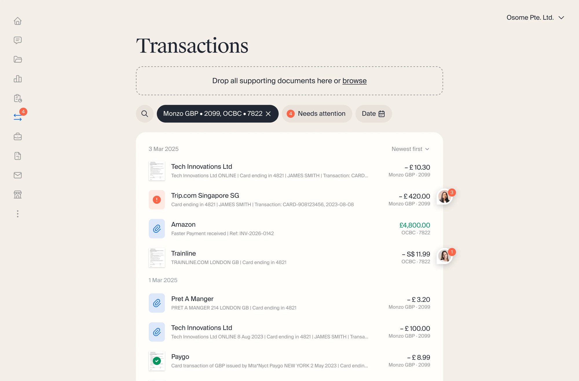 Osome transactions page
