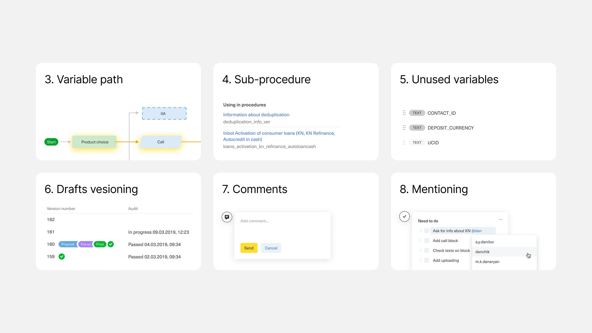 Variable paths, sub-workflows, comments and mentions