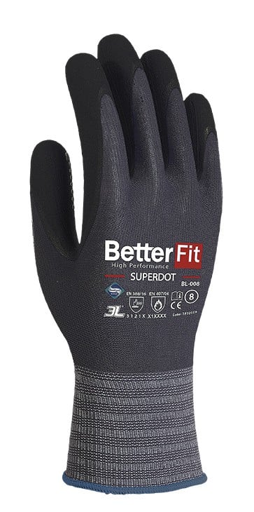 guante betterfit superdot talla 9 - bl-008 - guantes de trabajo de protección térmica con el mejor agarre - gris / negro - nylon, nitrilo foam y dots de nitrilo