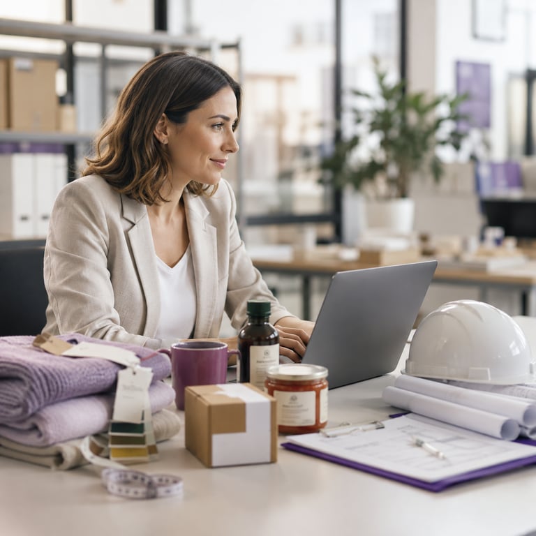 profesional trabajando con un erp sectorial junto a productos textiles, alimentación, logística y planos de construcción.