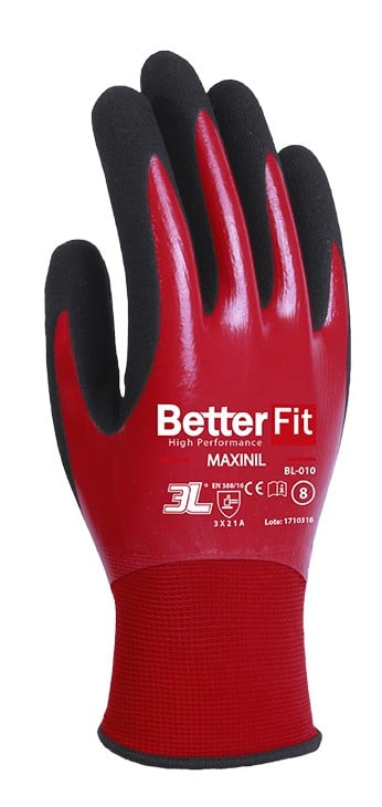 guante betterfit maxinil talla 9 - bl-010 - guantes de protección y control en seco y en mojado - rojo / negro - poliester / doble baño de nitrilo