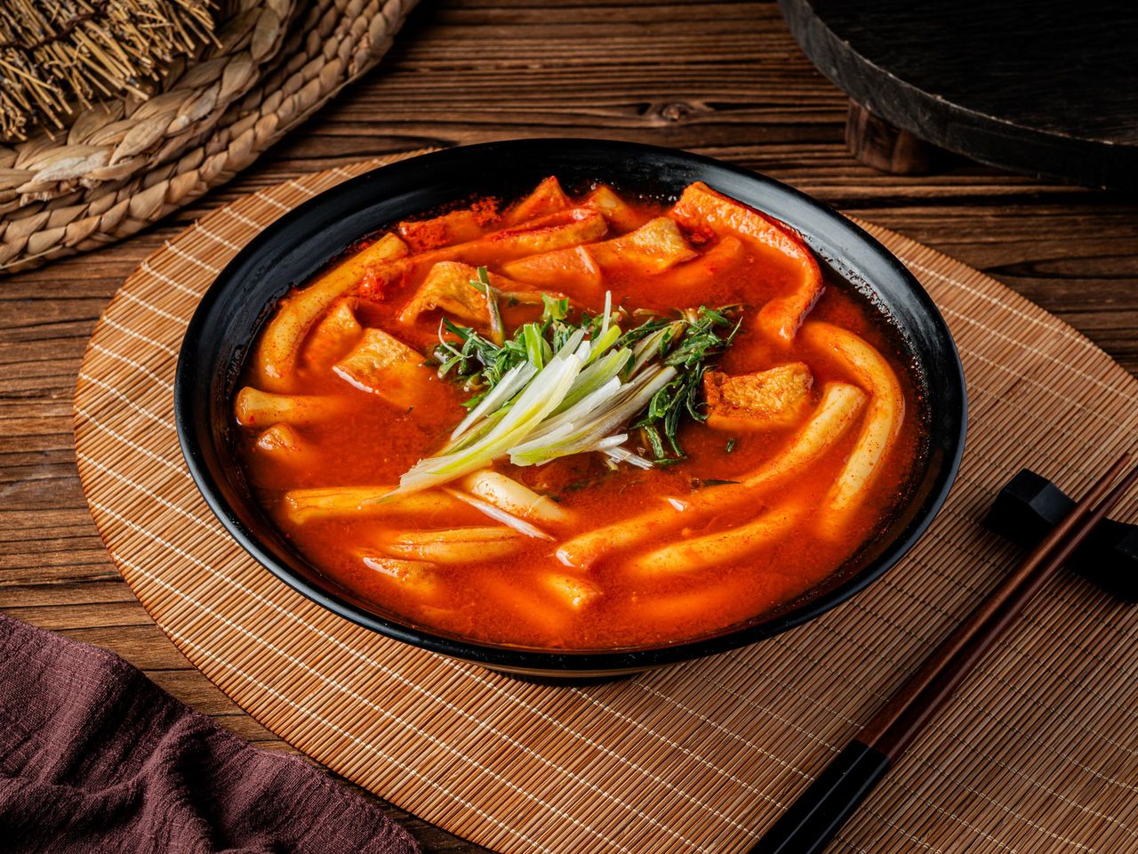 한식 배달 배민음식사진촬영 - 검은 그릇에 담긴 빨간 국물과 떡·어묵, 파채를 올린 단품