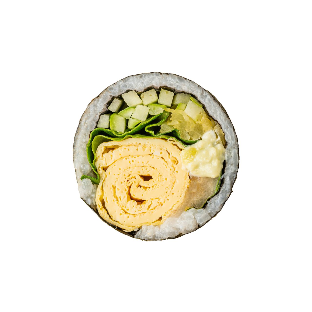 반반한김밥 누끼촬영 - 계란·햄 김밥 단면 (흰 배경)