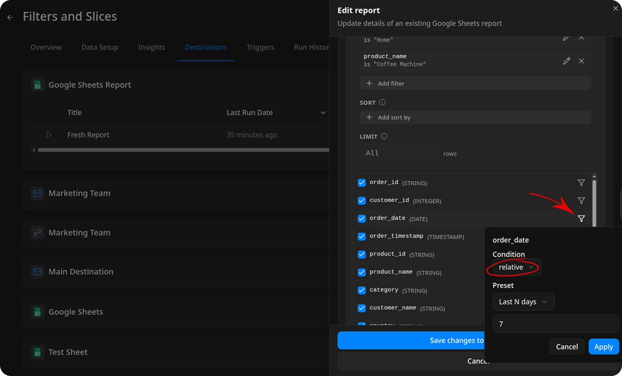 Filter editor popover for the order_date column. The Condition dropdown shows "relative" selected. A Preset dropdown shows "Last N days" with the value 7 entered below. An arrow points to the filter icon on the order_date row.