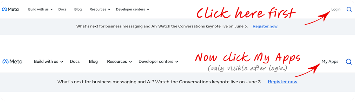Meta for Developers My Apps page with the Create App button