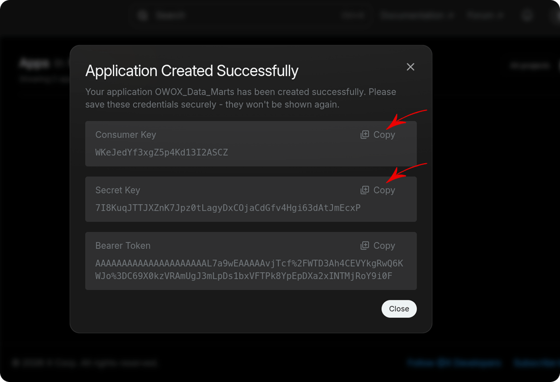 Application Created Successfully dialog showing the Consumer Key and Secret Key with Copy buttons