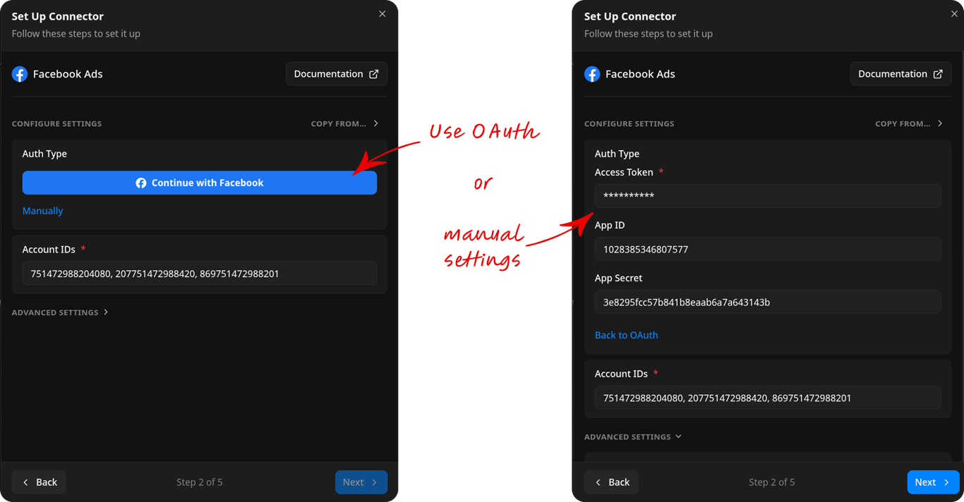Facebook Ads connector fields for access token, App ID, App Secret, and Account ID