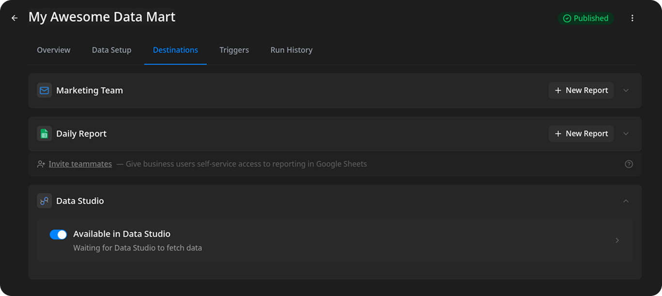 Data Mart Destinations tab with a Data Studio destination row expanded. The "Available in Data Studio" toggle is switched on, and the status reads "Waiting for Data Studio to fetch data".