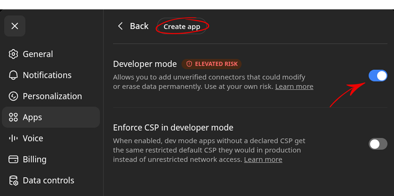 Enabling Developer mode in ChatGPT Apps advanced settings