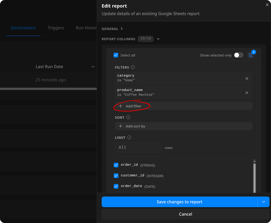 Edit report panel with two active filters in the Filters section: "category is Home" and "product_name is Coffee Machine". The "+ Add filter" button is circled. Sort is empty and Limit shows All rows.