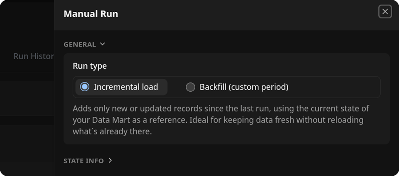 Manual Run dialog with Incremental load selected, showing the description of adding only new or updated records