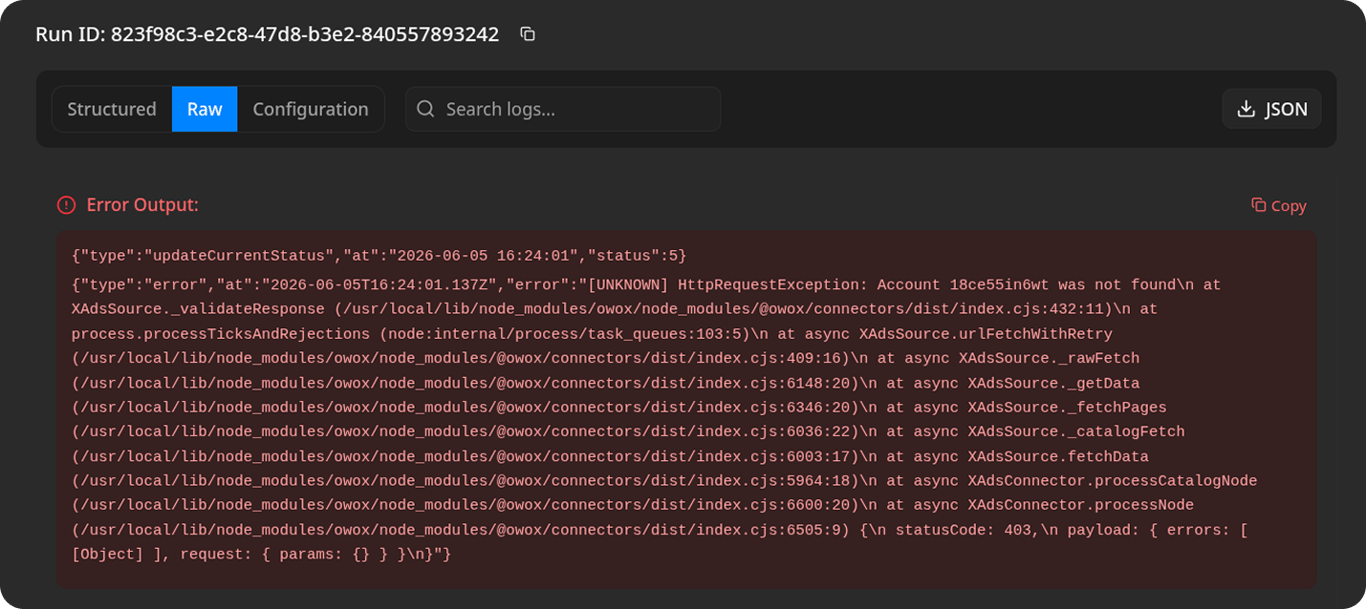 Run History detail page showing the Raw tab with the JSON error output for the Account was not found error
