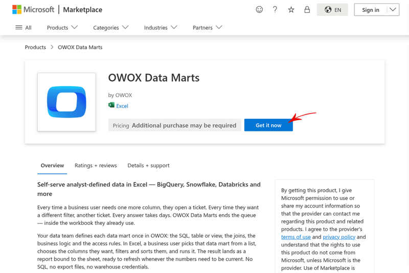 OWOX Data Marts listing on Microsoft Marketplace with the Get it now button highlighted