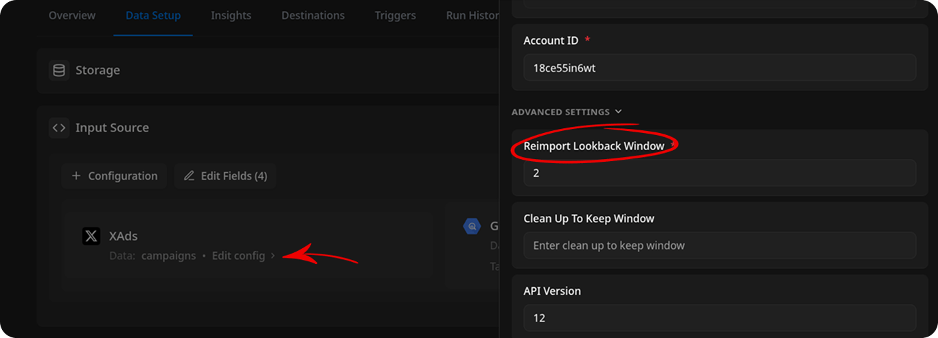 Connector Advanced Settings showing the Reimport Lookback Window field set to 2
