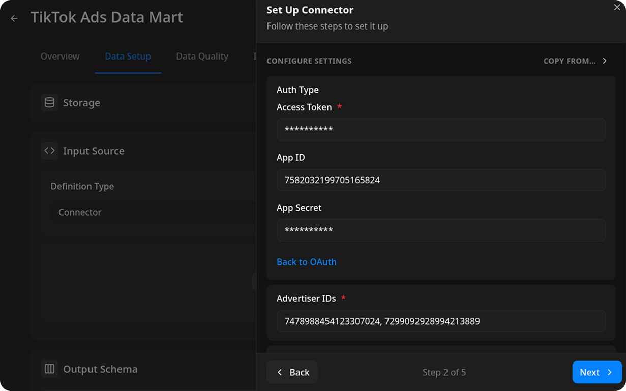 TikTok Ads connector fields for access token, App ID, App Secret, and Advertiser IDs