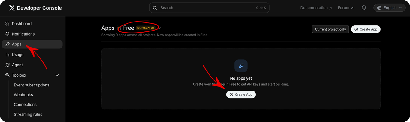 X Developer Console Apps page in the Free tier showing the Create App button