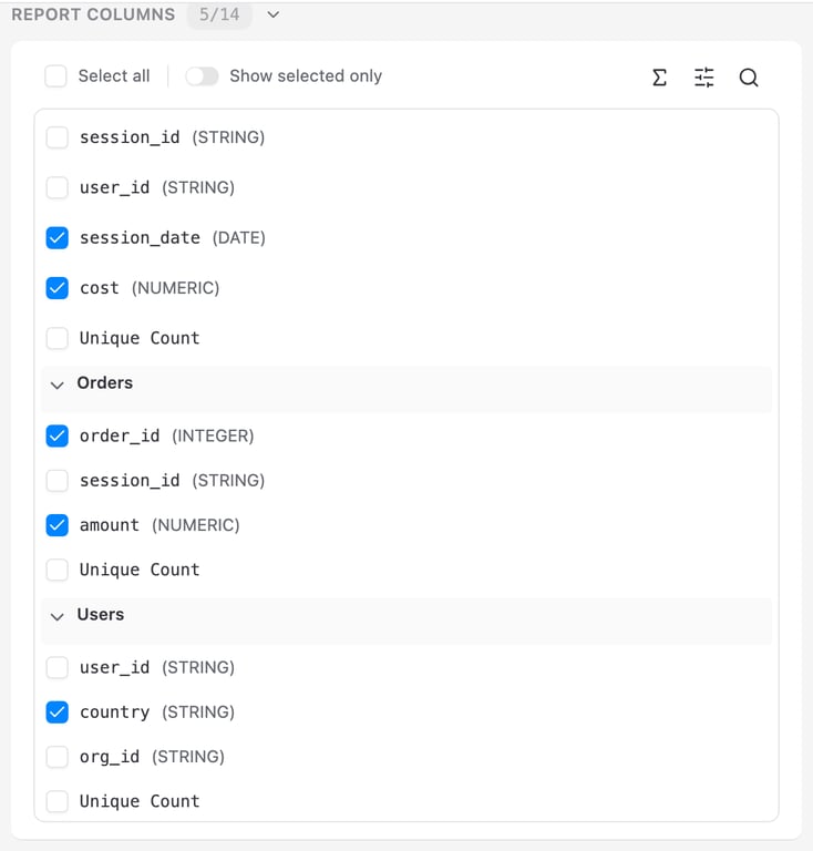 Report Columns picker with native and joined field groups