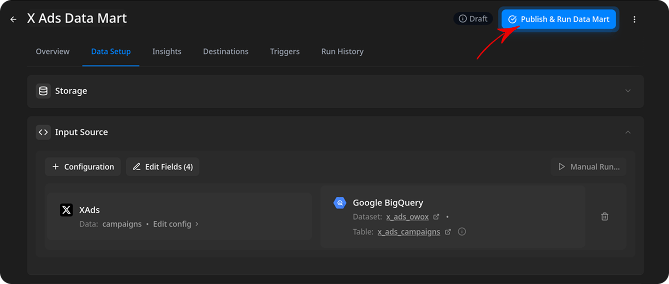 X Ads Data Mart Data Setup page with the Publish & Run Data Mart button highlighted