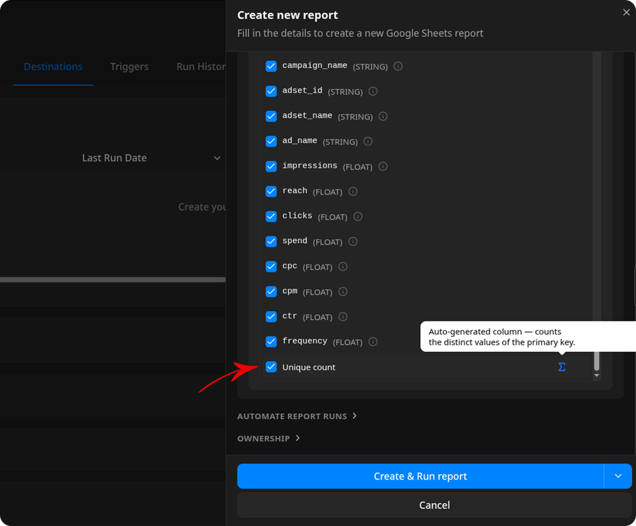 Create new report panel with the column list scrolled to the bottom. A checked "Unique count" row appears below the fields with a Σ icon, and a tooltip reads "Auto-generated column — counts the distinct values of the primary key." An arrow points to the Unique count checkbox.