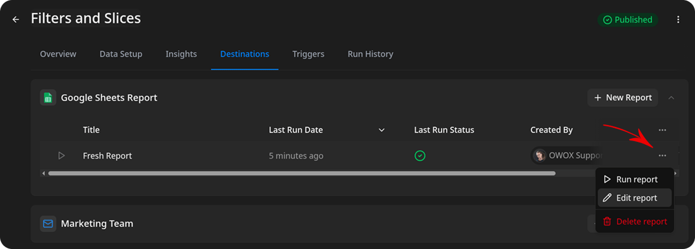 Data Mart Destinations tab with a Google Sheets report row. A three-dot context menu is open showing Run report, Edit report, and Delete report options. An arrow points to the menu button.