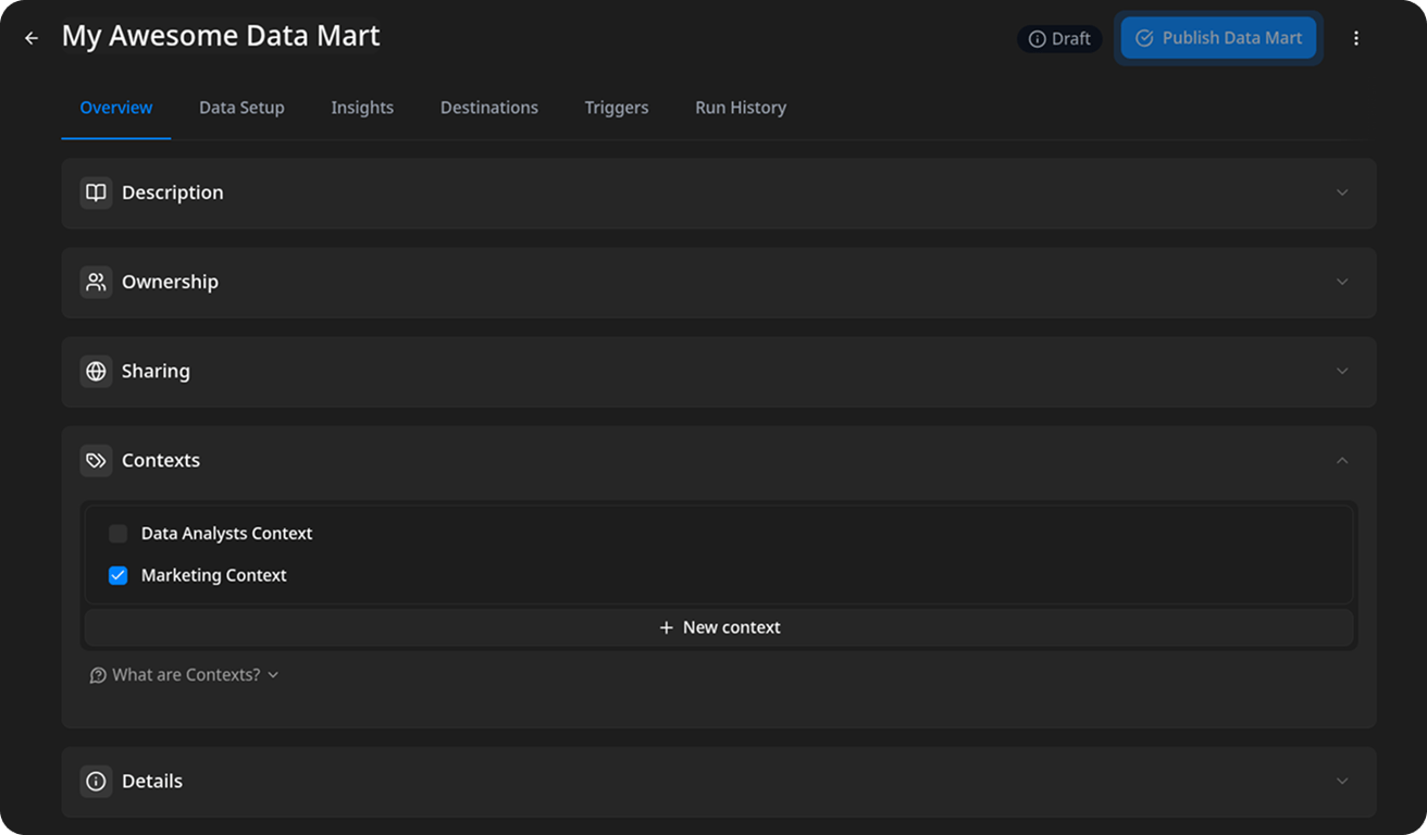 Data Marts list showing context badges on each row and a context filter dropdown in the toolbar