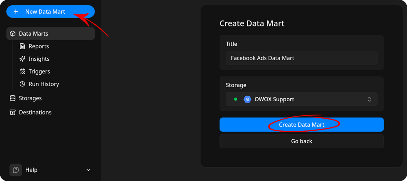 OWOX Data Mart creation screen with title and storage fields