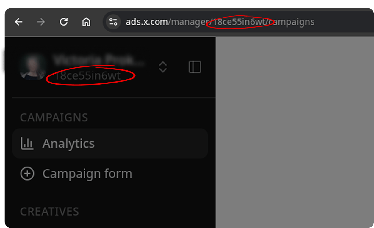 X Ads Manager page showing the Account ID highlighted in the URL bar and in the account sidebar
