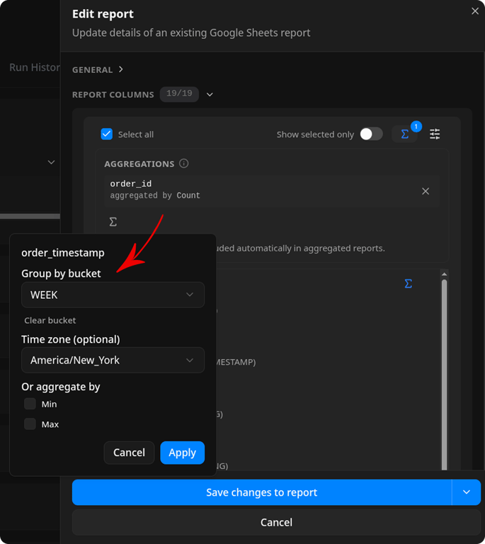 Edit report panel with a popover open on the order_timestamp column. "Group by bucket" is set to WEEK and "Time zone (optional)" to America/New_York, with "Or aggregate by" Min/Max checkboxes below. An arrow points to the Group by bucket dropdown.