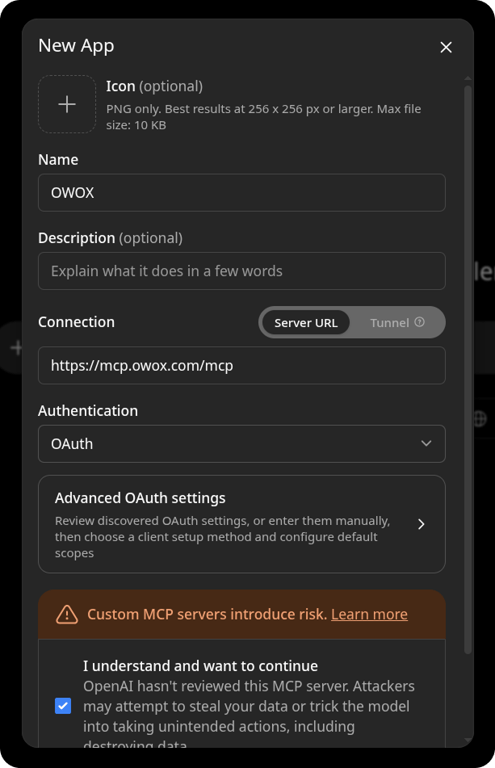 Creating an app with the OWOX MCP server URL in ChatGPT