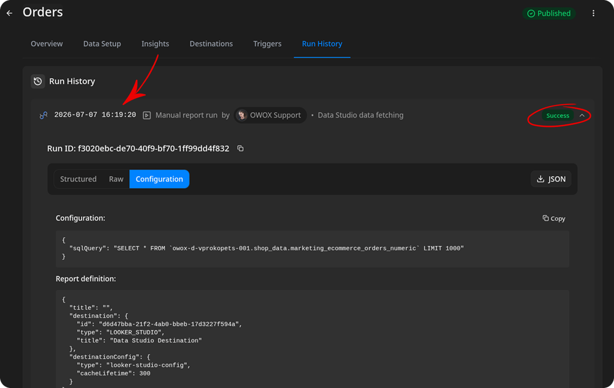 Data Mart Run History tab showing a report run entry with a Success status and its configuration details