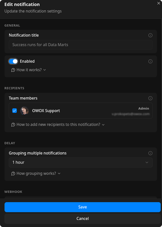 Notification settings drawer with the Receivers field highlighted, showing selected members
