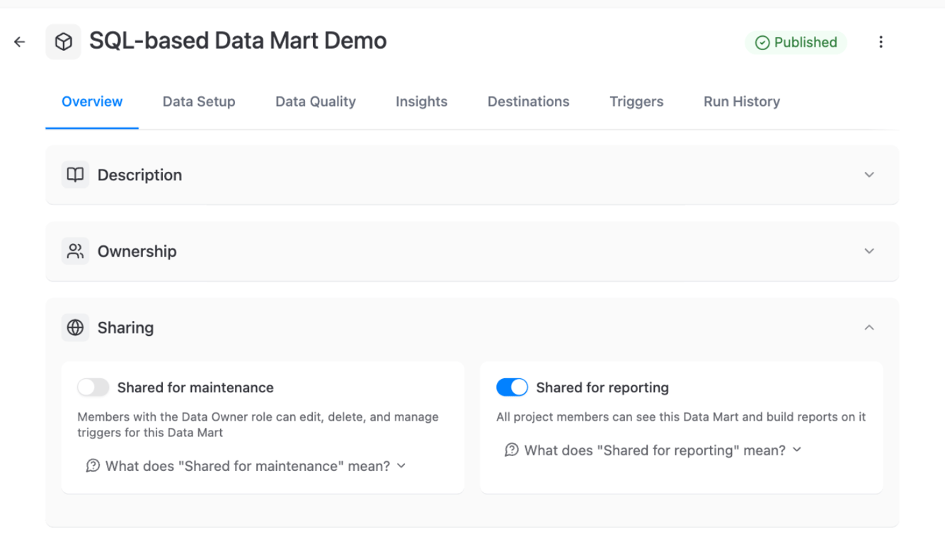 Sharing section of a Data Mart Overview tab with the Shared for maintenance and Shared for reporting toggles