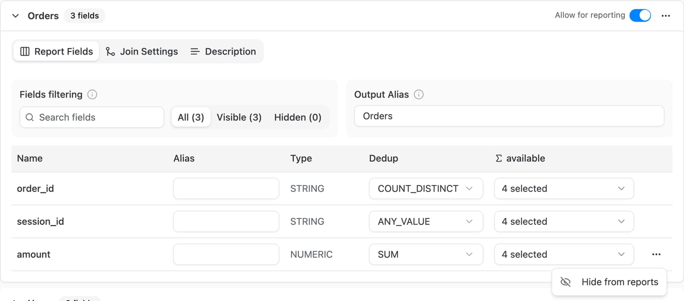 Hide from reports action in the field row menu