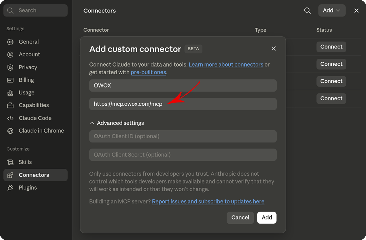 The OWOX integration connected and listed in Claude web Connectors settings