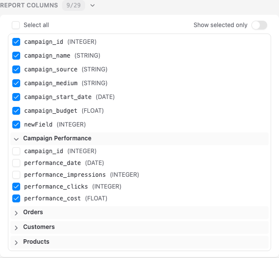 Report Columns picker with native and joined field groups