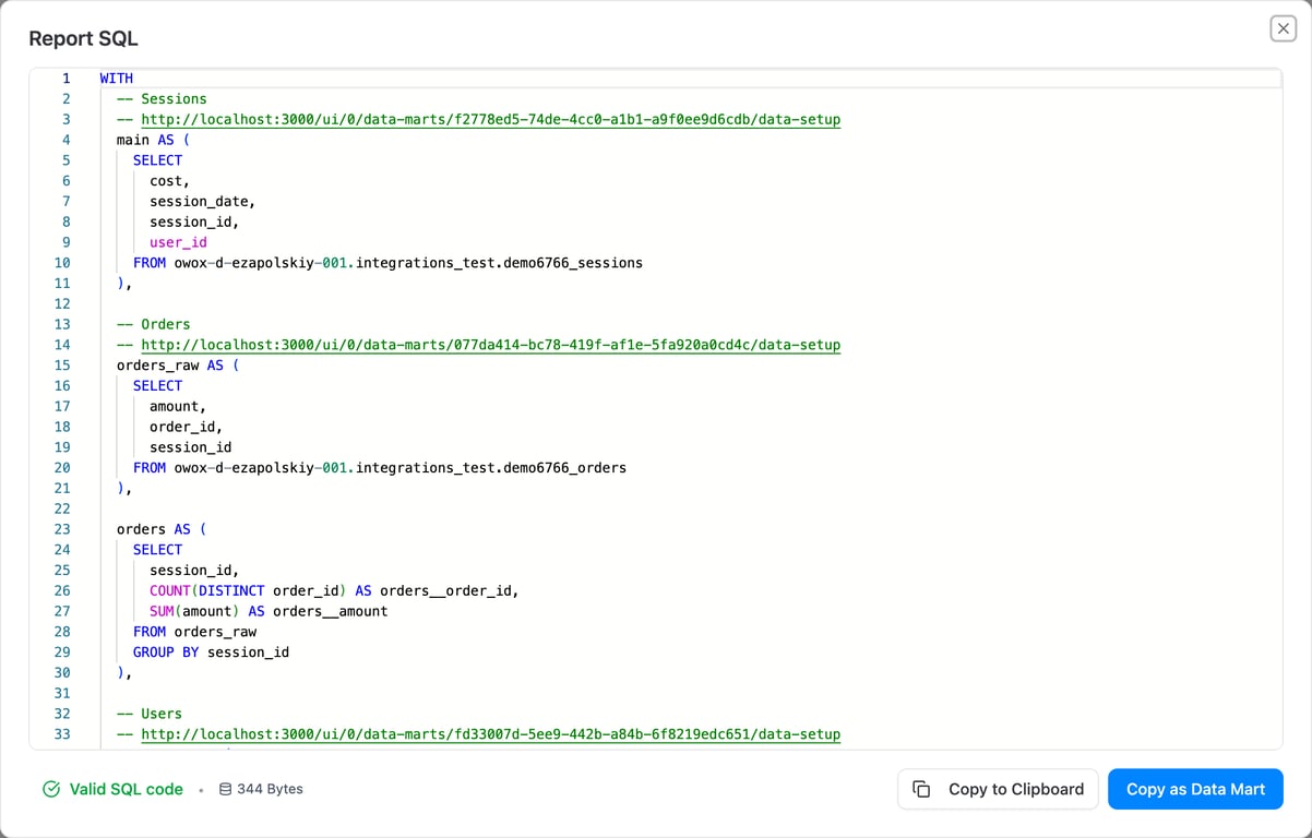 Report SQL modal with the Dedup CTEs and the Copy to Clipboard and Copy as Data Mart actions