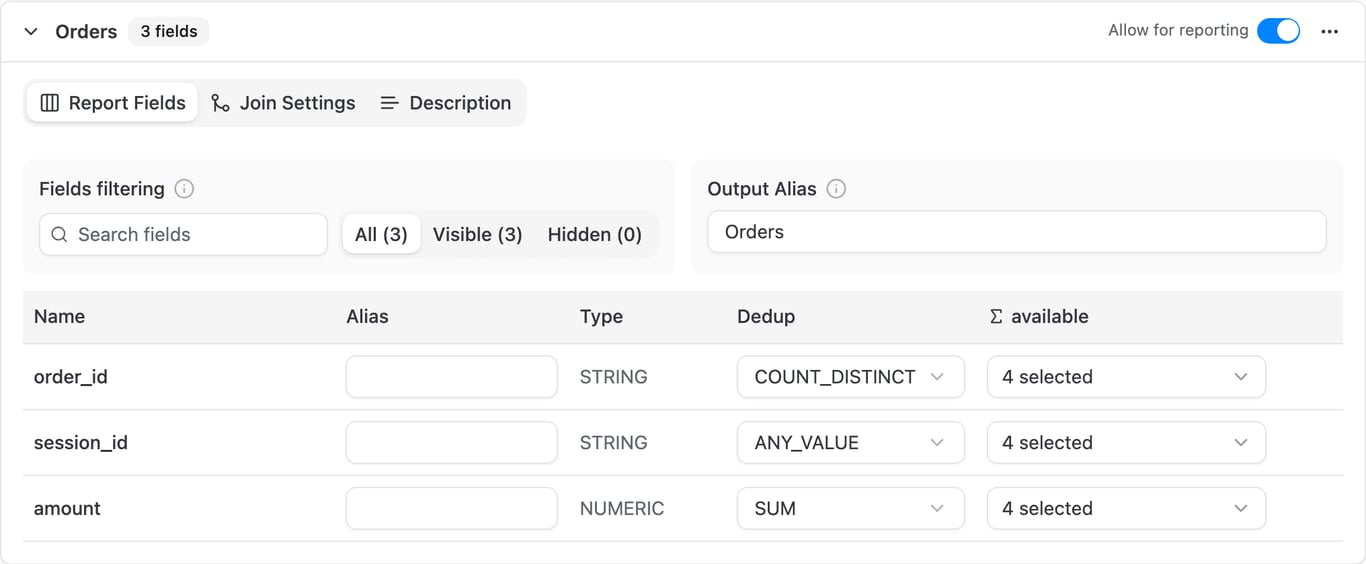Report Fields tab with the Output Alias and each field's Alias, Dedup and Σ available