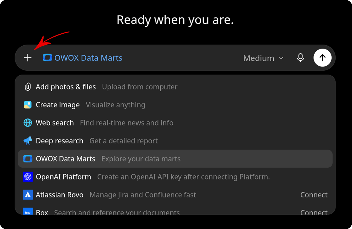 ChatGPT chat composer with the OWOX Data Marts plugin available for a new chat