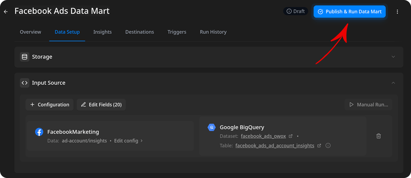 Configure Data Import screen with Facebook Ads endpoint, fields, and dataset settings