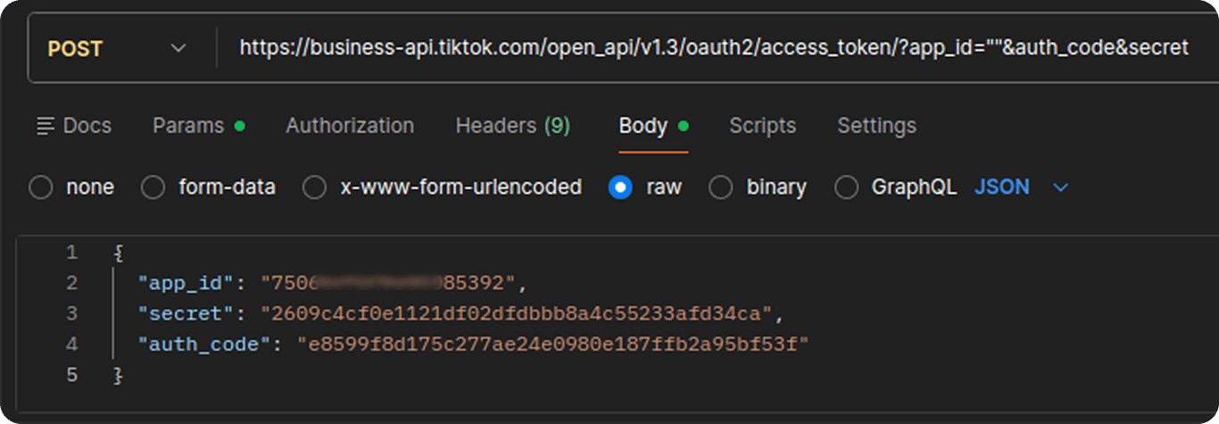 API client POST request to the TikTok oauth2 access_token endpoint with the JSON body