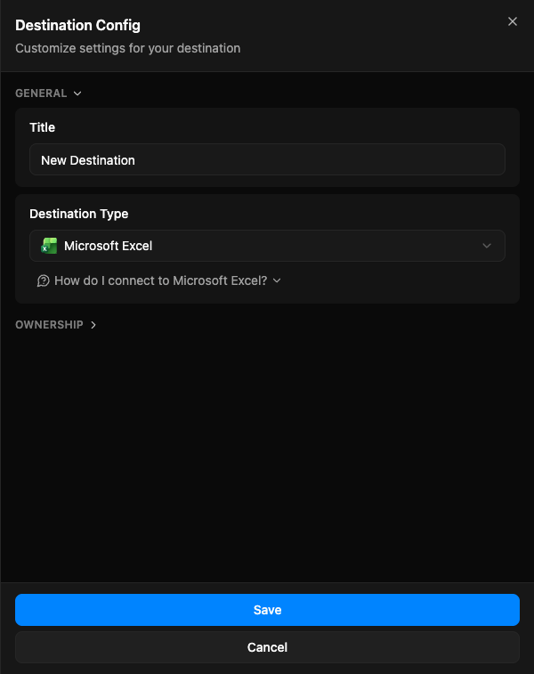 The new destination panel with Microsoft Excel selected, showing only a Title field and the Save button