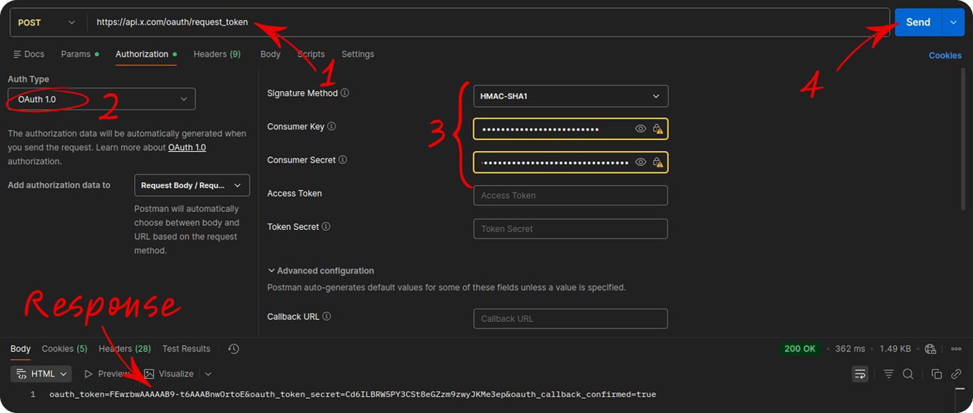 Postman showing POST request to oauth/request_token with OAuth 1.0 selected, all fields filled, and the 200 OK response containing oauth_token and oauth_token_secret