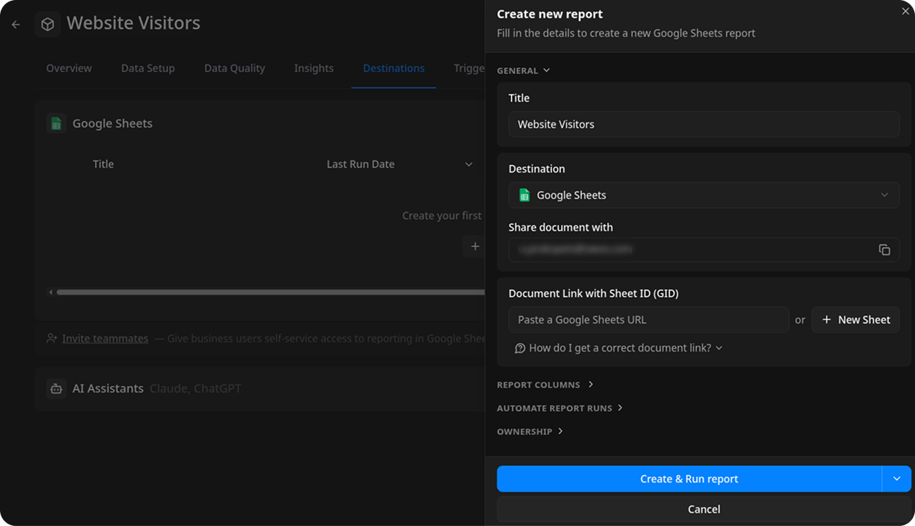 Create new report form for a Google Sheets Destination with the Title, Destination, Share document with, and Document Link with Sheet ID (GID) fields. A New Sheet button sits next to the link field, and the Create & Run report button at the bottom has a dropdown arrow